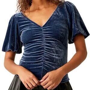 Free People Cupcake Velvet Top Womens S Blue V Neck Ruched Puff Sleeves Boho